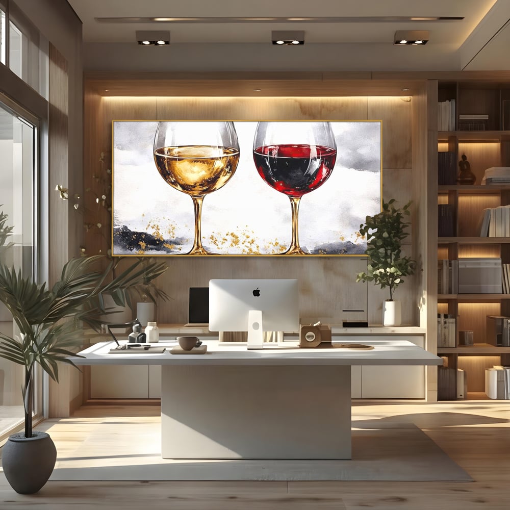 Tablou canvas cu tablou canvas cu doua pahare de vin, in rama de aluminiu auriu, pe perete intr-un birou